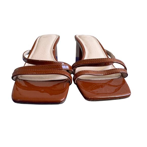 Urban Outfitters Brown Patent Mule Strappy Peep Toe Sandal Chunky Block Heels- 7 - Picture 3 of 9